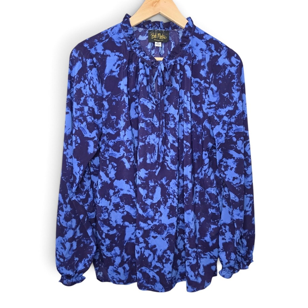 Bob Mackie Wearable Art Blouse Womens Medium Blue Floral Ruffle Tie Neck Top